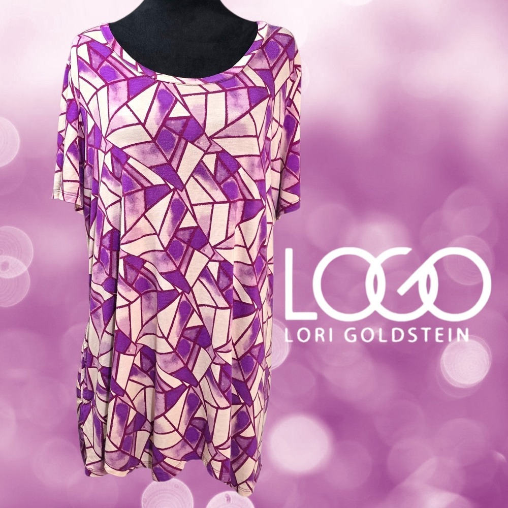 LOGO Lori Goldstein Women Geometric Mosaic Print Tunic Top Purple XL
